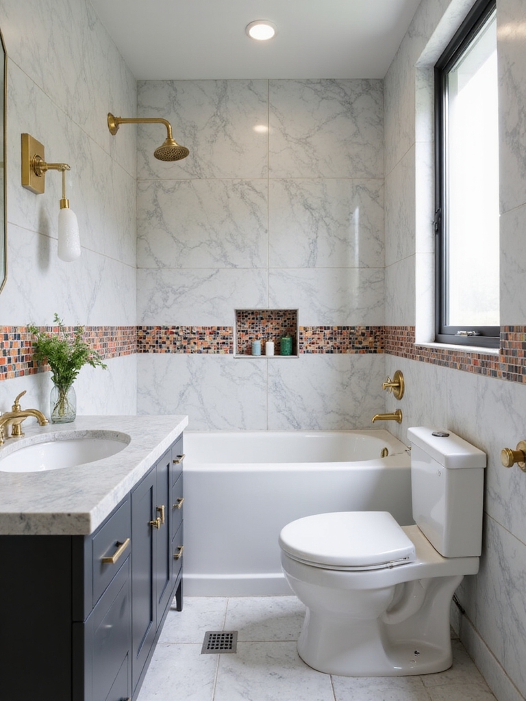 bold mosaics enhance tiny baths