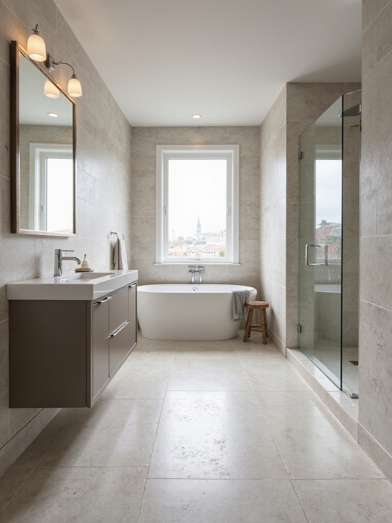 large tiles expansive bathrooms