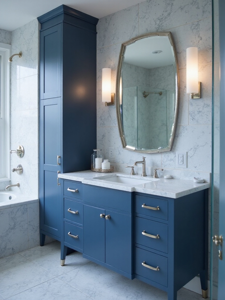 maximizing small blue bathrooms