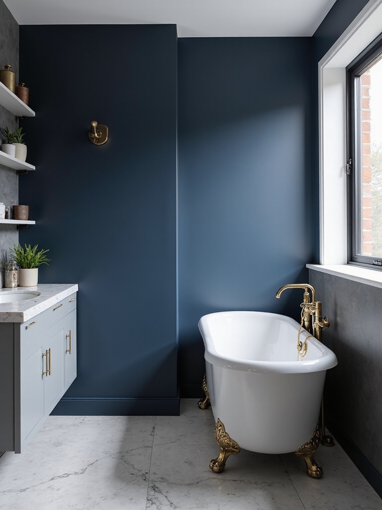 navy accents enhance tiny baths