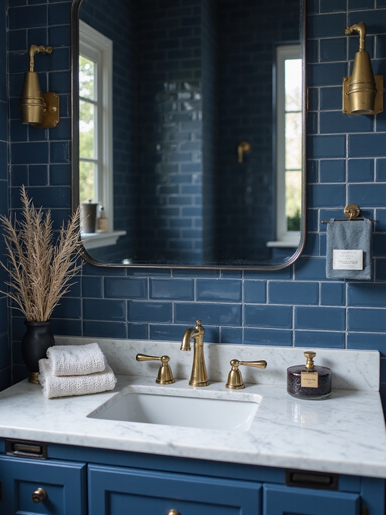 navy tile brass fixtures