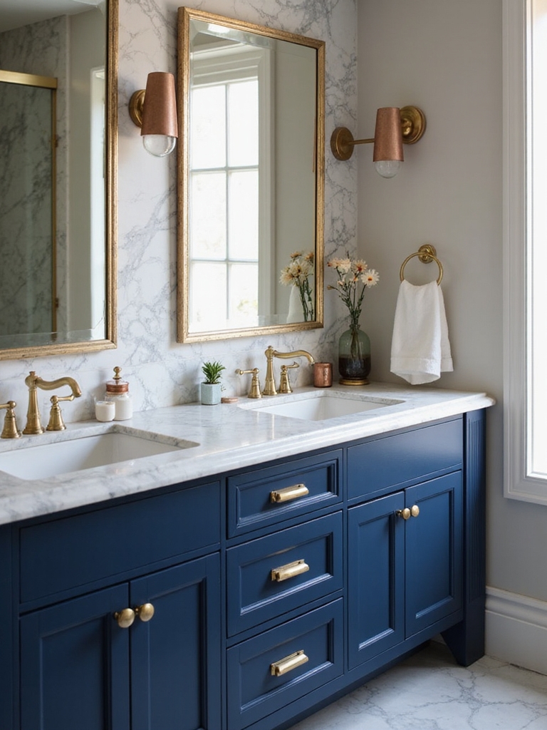 navy vanities warm metal accents