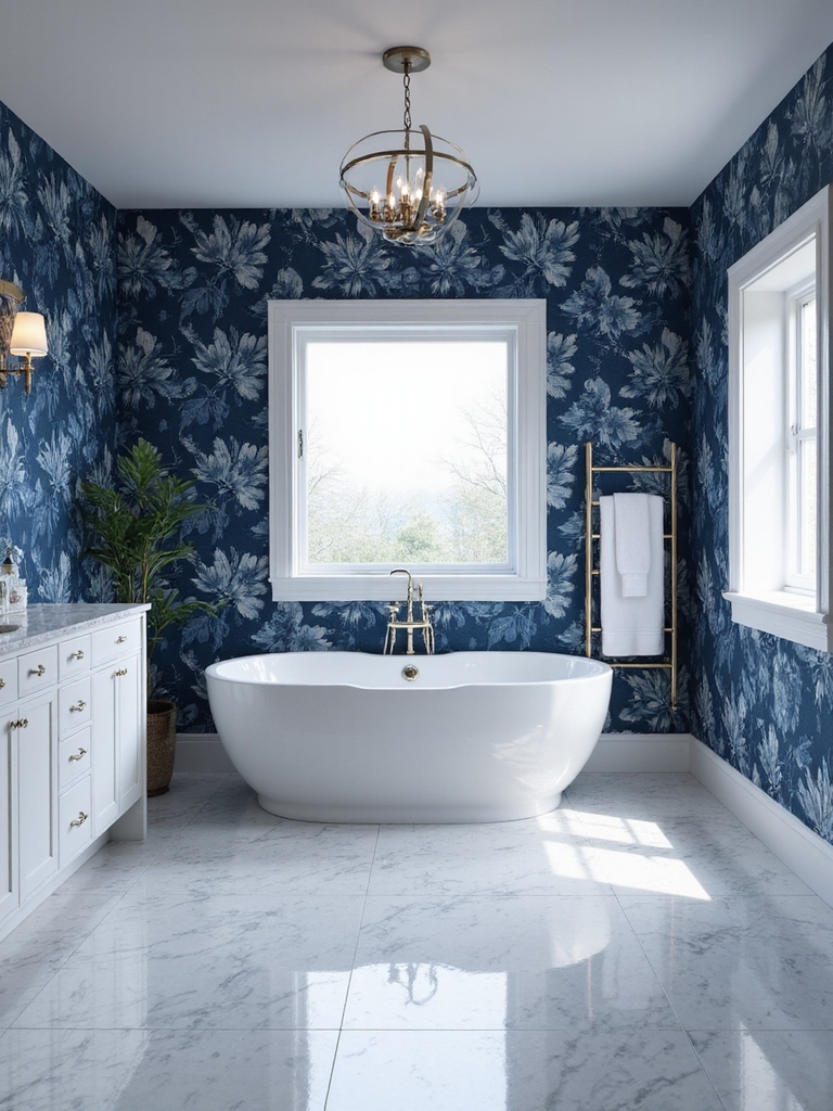 navy wallpaper enhances bathroom elegance