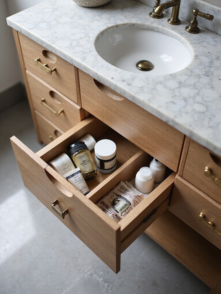 organized tiny bathroom storage