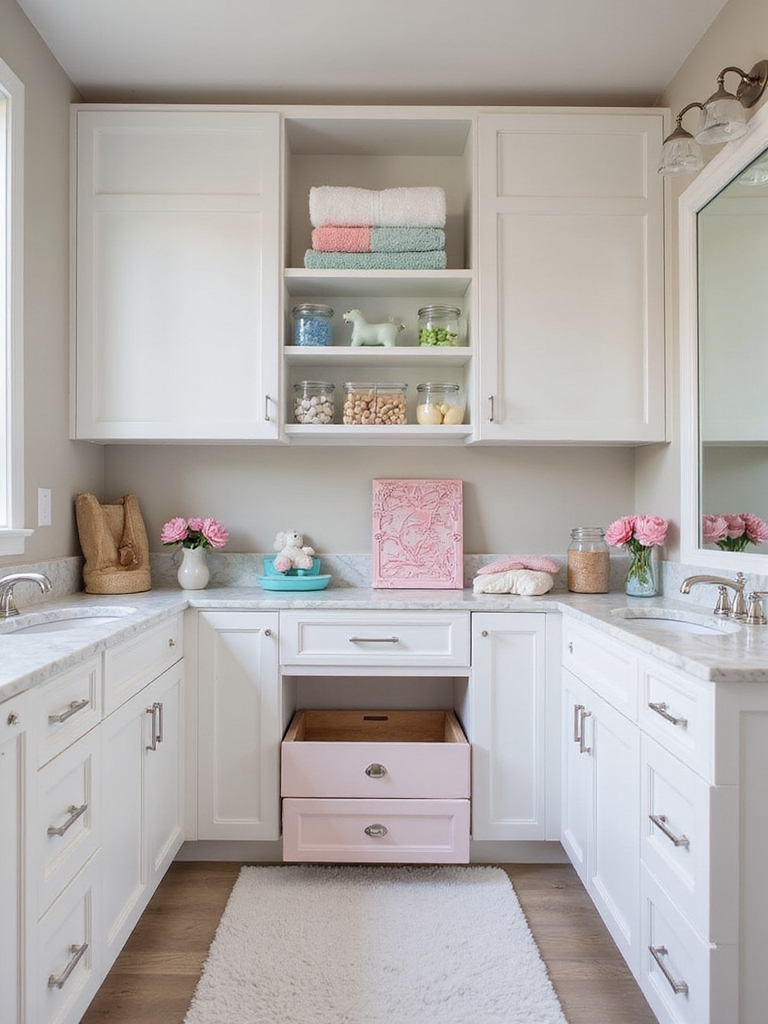 organized toys and towels