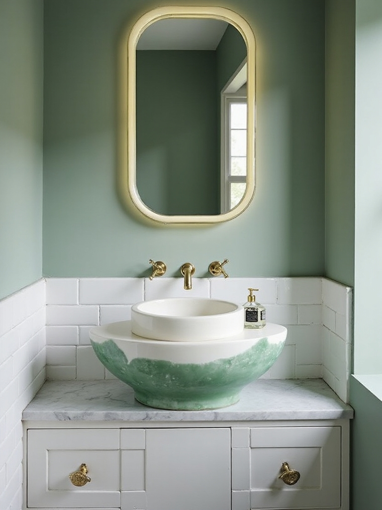 sage walls white tile