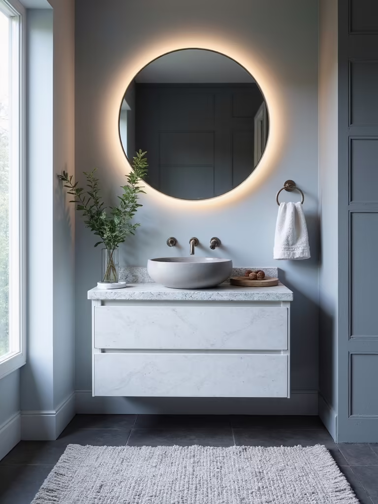 serene blue gray bathrooms