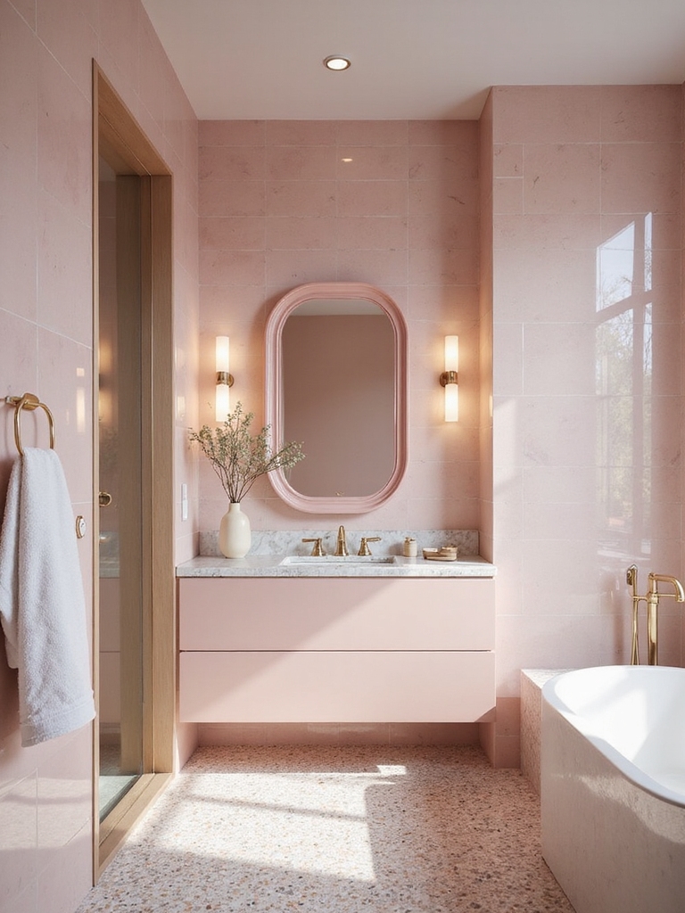 trendy pink tile bathrooms