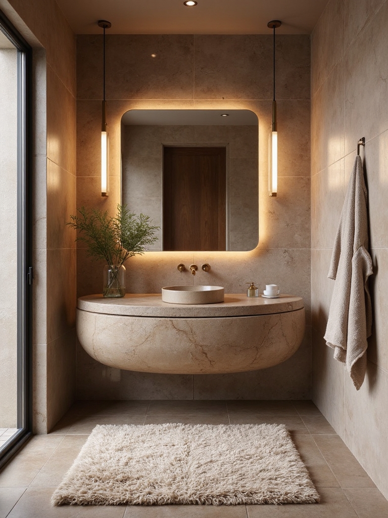 warm neutrals enhance brown tiles