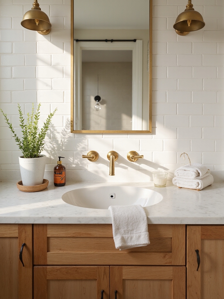 brass warmth enhances white tiles