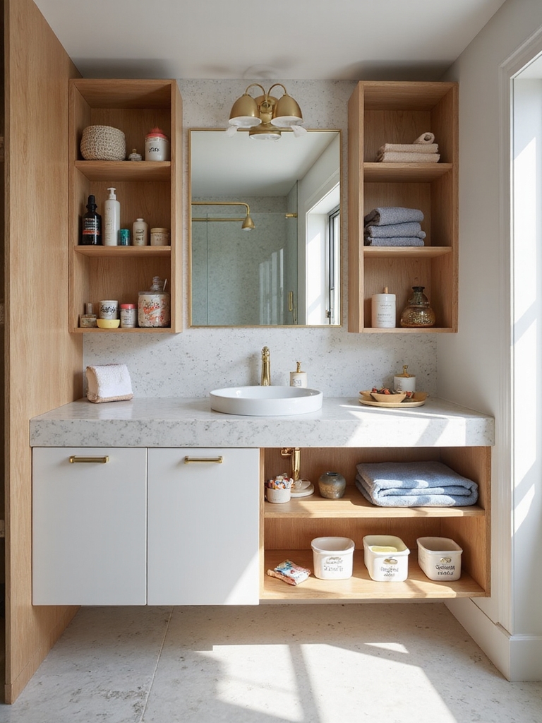 kid friendly organized bathroom shelves