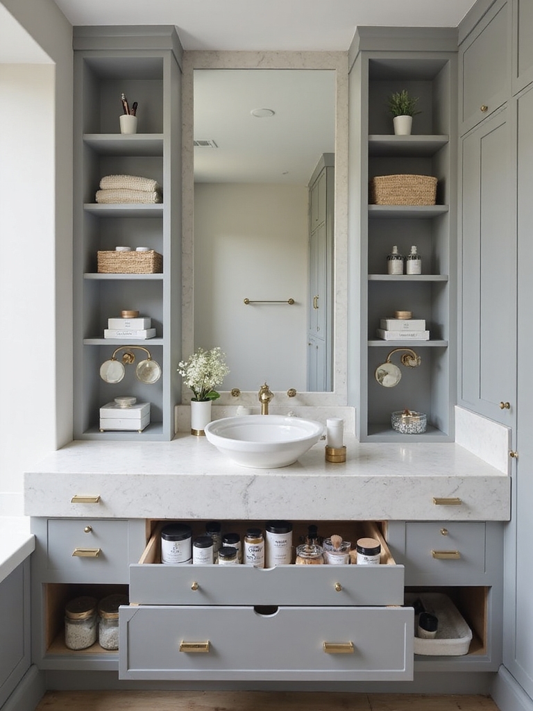 organized vanity storage zones