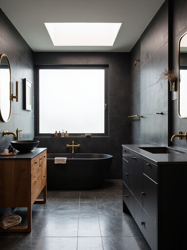 warm wood contrasts black tiles